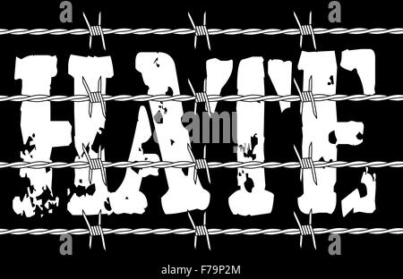 The word hate behind a barbed wire fence over a black background Stock Photo