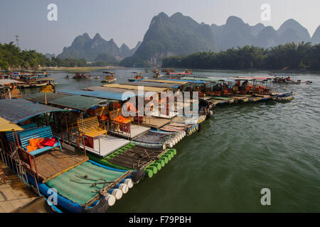 Tourist Bamboo Rafts on River Li at Xingping Guilin Region Guangxi, China LA008203 Stock Photo