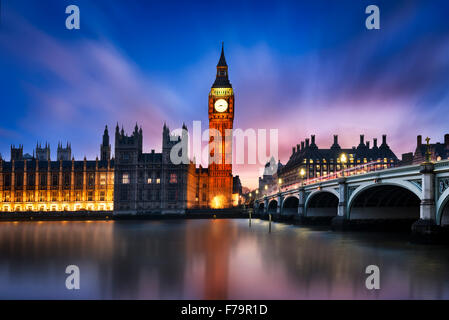 Big Ben and Westminster Bridge at dusk, London, UK Stock Photo