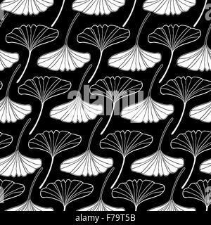 white gingko leaf sketch doodle pattern seamless on black background Stock Vector