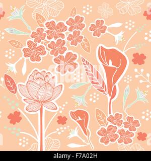 Flower or Floral and leaf pattern seamless fabric vector pastel color scheme on pastel peach background Stock Vector
