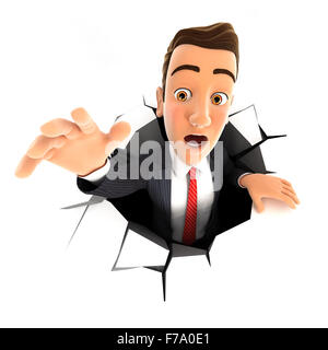 3d businessman falling down into a hole, isolated white background Stock Photo