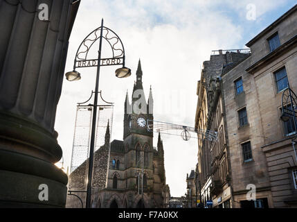 The historic Wool Exchange and Christmas decorations, Bradford city centre, West Yorkshire, UK Stock Photo