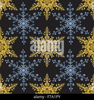 Reach christmas seamless background with hand-drawn realistic snowflake, golden color on black. Stock Vector