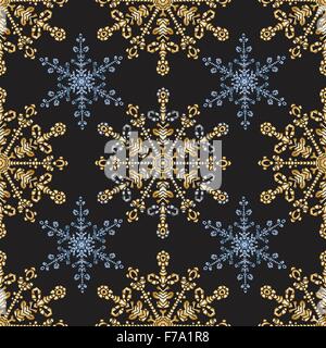 Reach christmas seamless background with hand-drawn realistic snowflake, golden color on black. Stock Vector