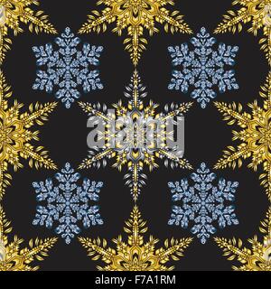 Reach christmas seamless background with hand-drawn realistic snowflake, golden color on black. Stock Vector