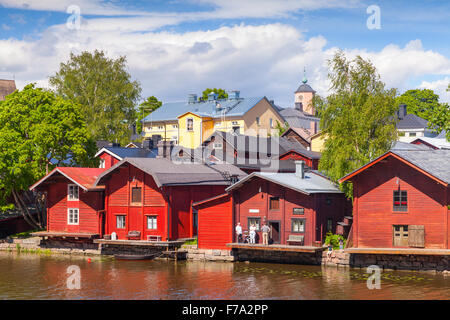 Porvoo, Finland - June 12, 2015: Old red wooden houses on the river coast in small historical Finnish town Stock Photo