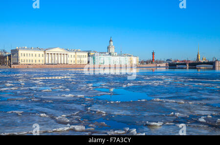 Cityscape with ice floating  on Neva river in Saint-Petersburg, Russia Stock Photo