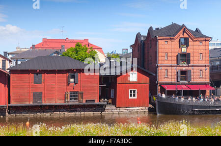 Porvoo, Finland - June 12, 2015: Old red wooden houses on the river coast in historical Finnish town Stock Photo