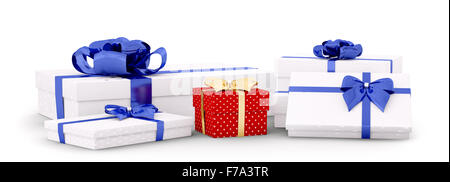 White, red christmas gift boxes, presents with bows and ribbons isolated 3d rendering Stock Photo