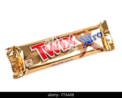 Twix cookie bars isolated on white background. Twix bars are produced by Mars Incorporated. T Stock Photo