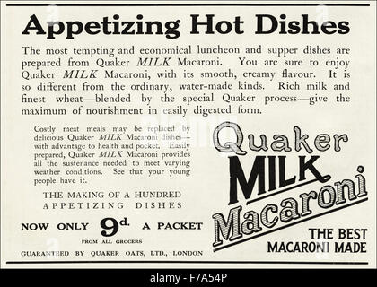 1920s advertisement. Advert dated 1923 advertising Quaker Milk Macaroni Stock Photo