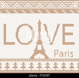 Eiffel tower: Scandinavian style seamless knitted pattern with love Stock Vector