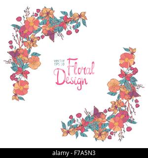 Floral corner with flowers berries and butterfly Stock Vector