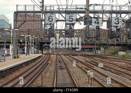 Complicated signals in a very busy area of the network with many signals and lines all converging on one point along side L.U.L Stock Photo