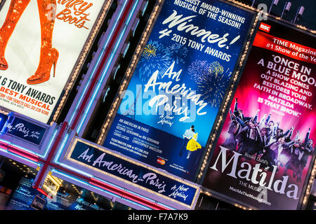 Musicals billboards, Theatre District, Broadway, Manhattan, New York, USA Stock Photo