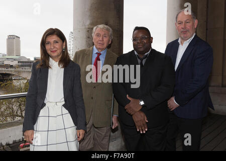 London, UK. 27 November 2015. L-R: Fariba Farshad, Don McCullin, Isaac Julien and Michael Benson. Press launch of Photo London 2016, the international photography event again taking place at Somerset House after it was founded in 2015 by Fariba Farshad and Michael Benson. 80 of the world's leading galleries will participate in this event and legendary war photographer was announced as Photo London Master of Photography. He will be the subject of a special exhibition in association with Hamiltons Gallery. The Photo London 2016 will run from 19-22 May 2016. Stock Photo