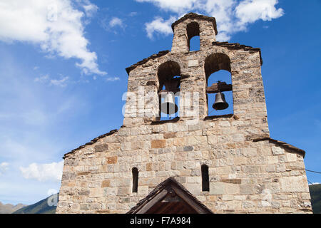 Bell gable of the Sant Climent church in Cardet, Vall de Boi, Lleida, Catalonia. Stock Photo