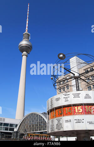 World clock and TV Tower in Alexanderplatz, Berlin, Germany. Stock Photo