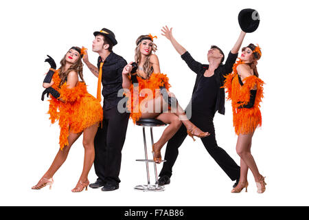 Cabaret dancer team dancing. Retro fashion style, isolated on white background in full length. Stock Photo
