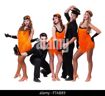 Cabaret dancer team dancing. Retro fashion style, isolated on white background in full length. Stock Photo