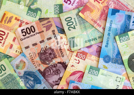 Bank notes of various denominations of Mexican Pesos Stock Photo