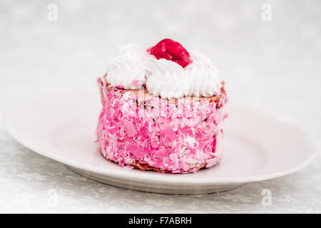 Delicious cake with sour cherries on white background Stock Photo