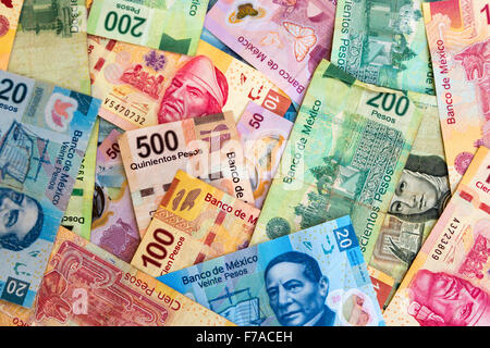 Bank notes of various denominations of Mexican Pesos Stock Photo
