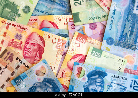 Bank notes of various denominations of Mexican Pesos Stock Photo