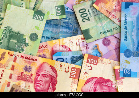 Bank notes of various denominations of Mexican Pesos Stock Photo