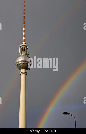 TV Tower and two rainbows in Berlin Stock Photo