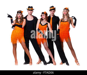 Cabaret dancer team dancing. Retro fashion style, isolated on white background in full length. Stock Photo