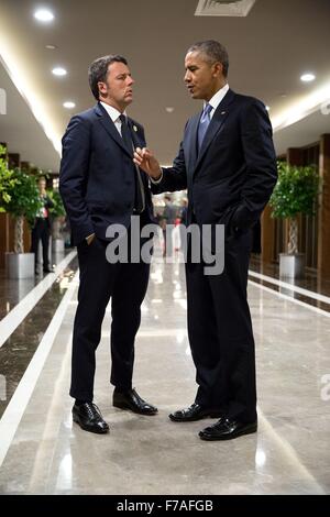 U.S. President Barack Obama talks with Italian Prime Minister Matteo Renzi on the sidelines of the G20 Summit at Regnum Carya Resort November 15, 2015 in Antalya, Turkey.