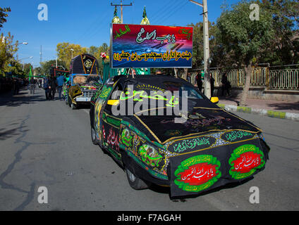 Cars Decorated For Ashura Shiite Celebration, The Day Of The Death Of Imam Hussein, Kurdistan Province, Bijar, Iran Stock Photo
