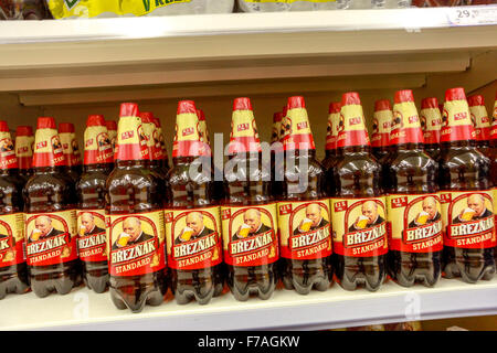 Czech beer Breznak in plastic bottles in a supermarket Stock Photo