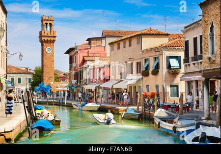 Canal of Fondamente dei Vetrai with morred boats, Murano Lagoon Island, Veneto, Venice, UNESCO Stock Photo