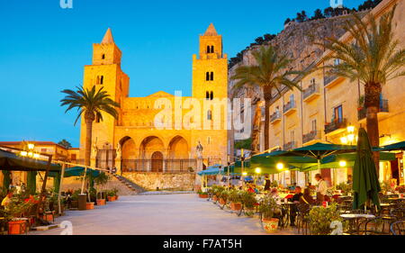 Cefalu Cathedral at evening time, Cefalu old town, Sicily, Italy Stock Photo
