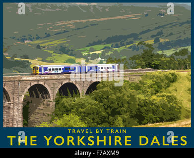 A poster style illustration from a photograph of Dent Head Viaduct on the Settle-Carlisle Railway, Yorkshire, England, UK Stock Photo