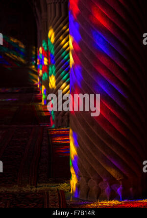 The Pillars Of Nasir Ol Molk Mosque With Its Beautiful Colors, Fars Province, Shiraz, Iran Stock Photo