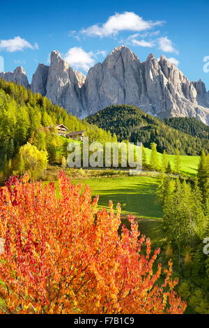 Dolomites Mountains, autumn landscape, Val Di Funes, Alps, Tyrol, Italy Stock Photo