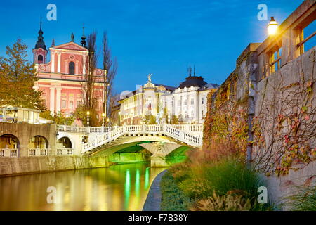 Ljubljana, view at bridge and the Franciscan Church, Slovenia Stock Photo