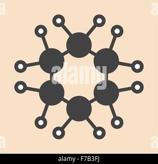 Cyclohexane chemical solvent molecule. Stylized skeletal formula (chemical structure). Atoms are shown as color-coded circles: Stock Photo