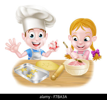 Cartoon kids baking cakes and biscuits as chefs in the kitchen Stock Photo