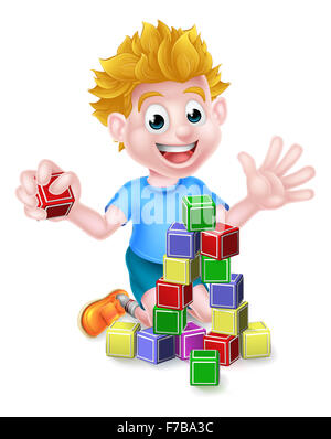 A happy cartoon boy child kid playing with building or learning blocks Stock Photo
