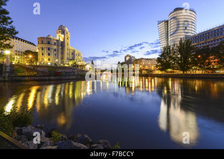 Austria, Vienna, Danube Channel, Urania, UNIQA Tower, Donaukanal Stock Photo
