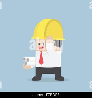 Businessman in yellow safety helmet with sheet rolls, Architect, Engineer concept, VECTOR, EPS10 Stock Vector