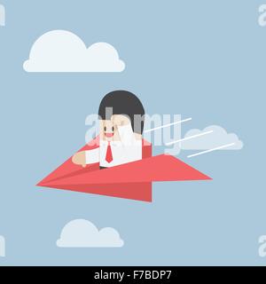 Businessman is flying on paper airplane and looking forward, VECTOR, EPS10 Stock Vector