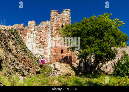 View of surviving walls and tower of Rougemont Castle with Roman walls, Exeter, Devon. Stock Photo