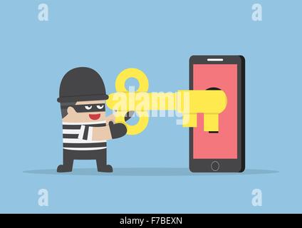 Thief or hacker hacking smartphone by key, VECTOR, EPS10 Stock Vector