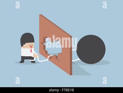 Turn crisis into opportunity, Businessman use metal ball with chain destroy the wall Stock Vector